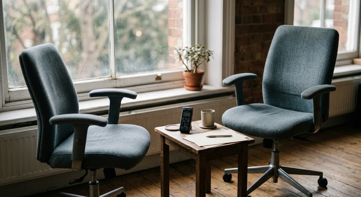 Wisconsin two office chairs angled toward each other beside a window with a small voice recorder on the side table