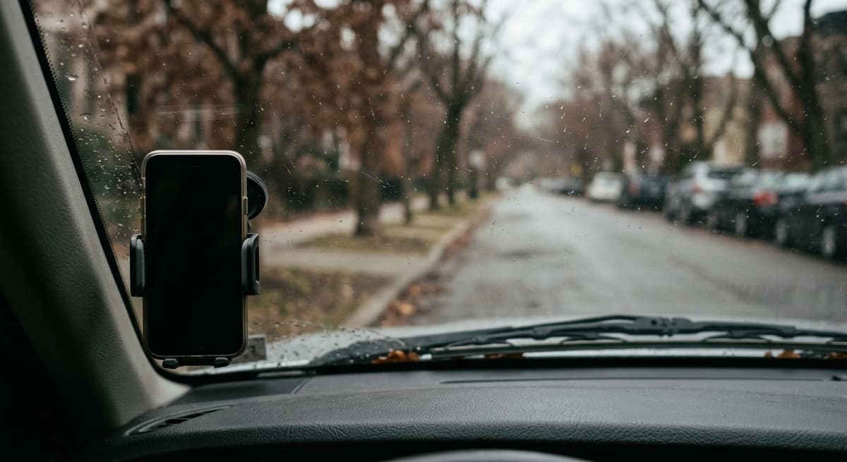 Rhode Island a phone mounted on a windshield seen from inside a parked car, an empty street blurred ahead