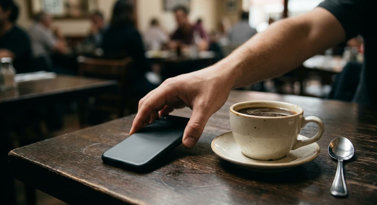 Arizona hand placing a smartphone face-down on a restaurant table beside a coffee cup, candid, no faces visible
