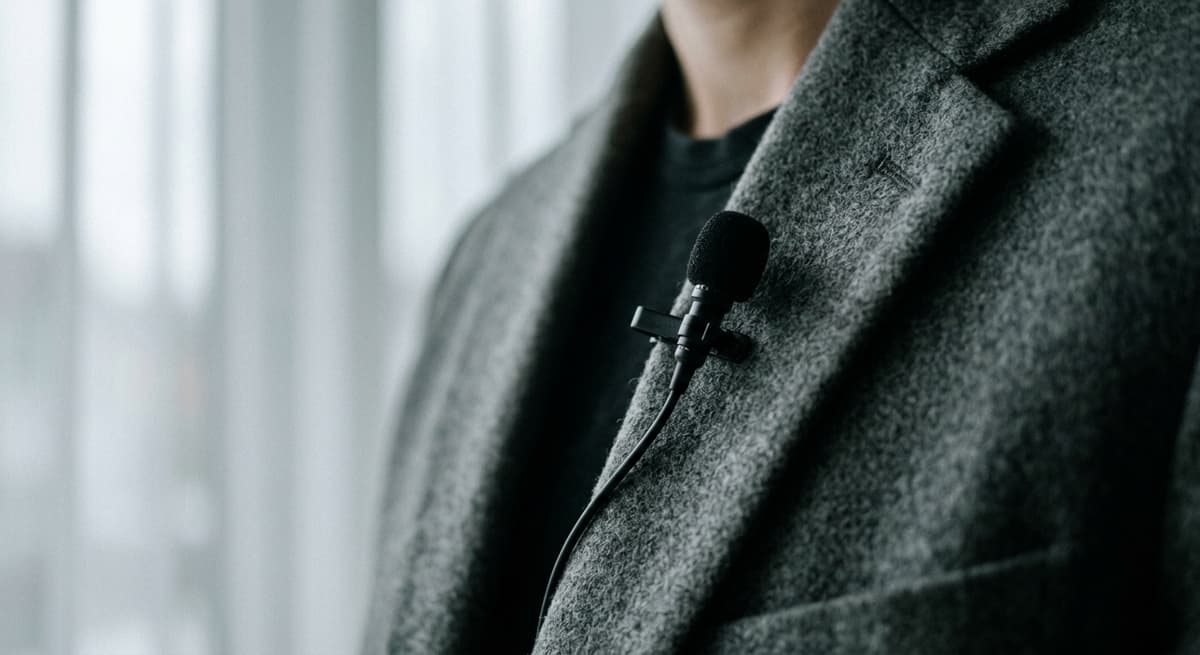 Georgia clip-on lavalier microphone attached to a jacket lapel in tight close-up, shallow focus