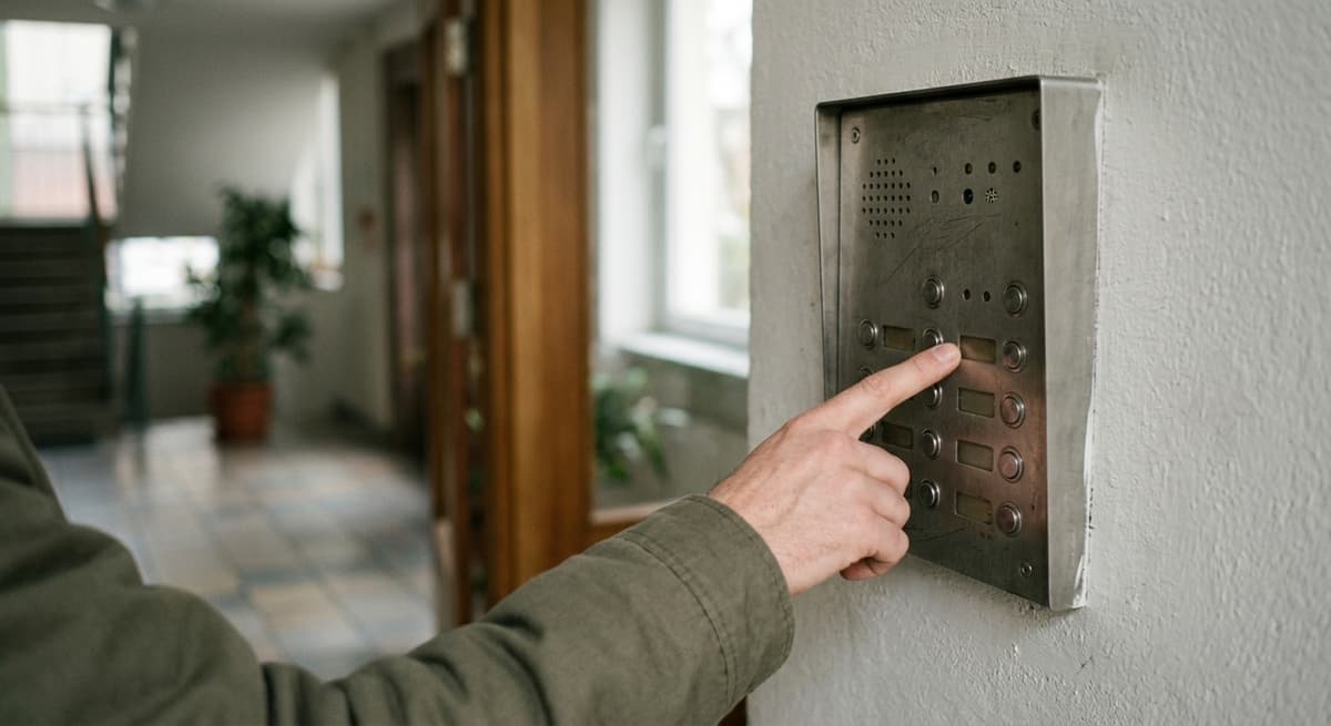 Florida a hand reaching toward a wall-mounted intercom speaker panel, a blurred apartment lobby behind