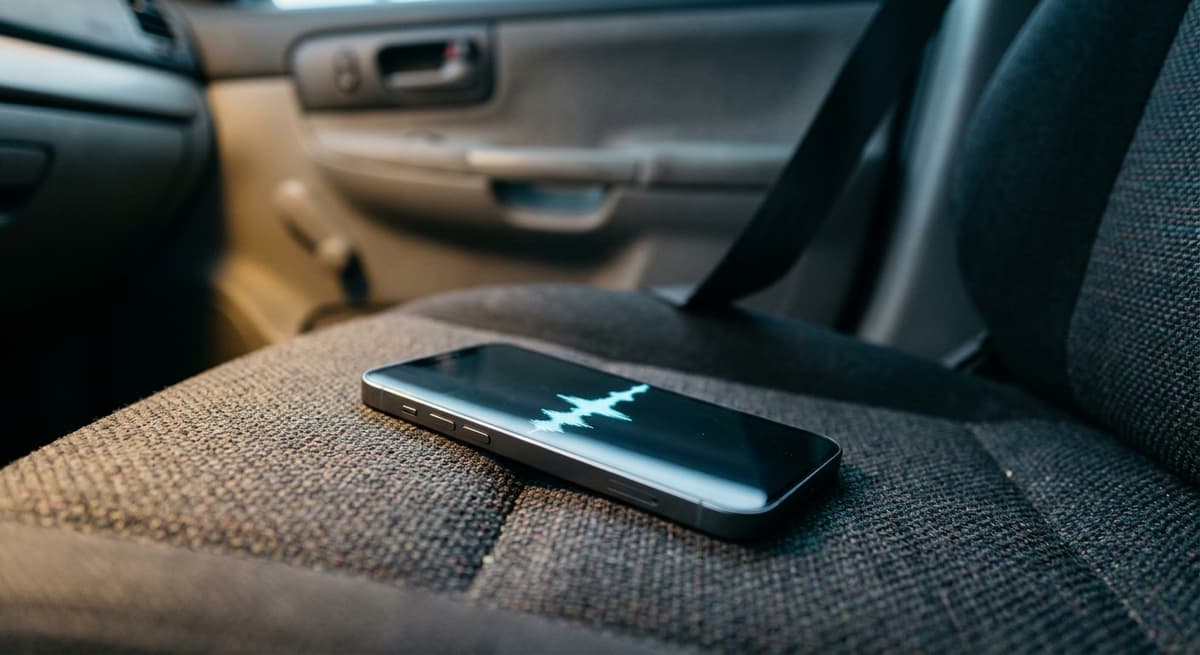 Arizona smartphone face-up on a car seat showing a glowing waveform, seatbelt and door blurred behind