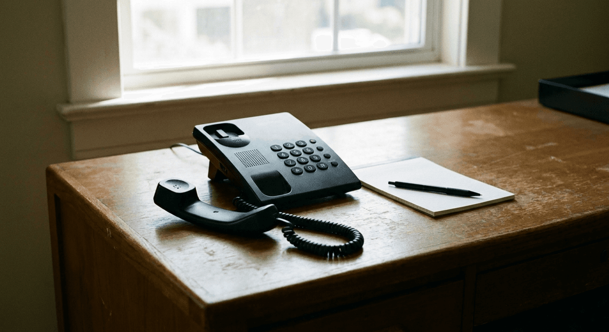 desk phone with its handset off the hook lying beside the base