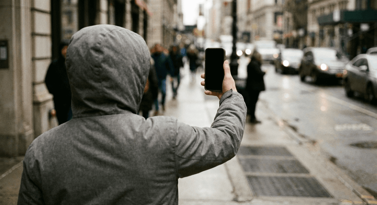 Person in a grey hooded jacket seen from behind holding a phone up toward a wet city street with pedestrians