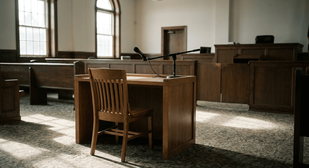 empty courtroom witness stand with a wooden chair and a microphone on a boom stand in sunlit courtroom