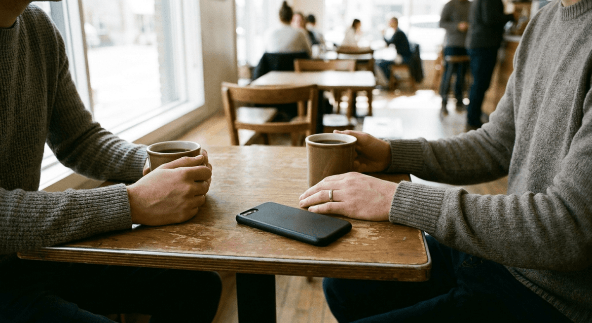 Two people at a cafe table with a smartphone lying face-down between their coffee mugs