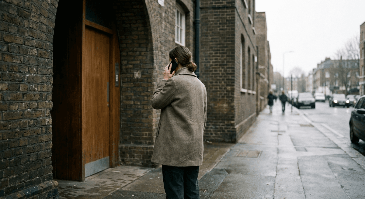 Woman seen from behind outside a brick apartment building, holding a phone to her ear