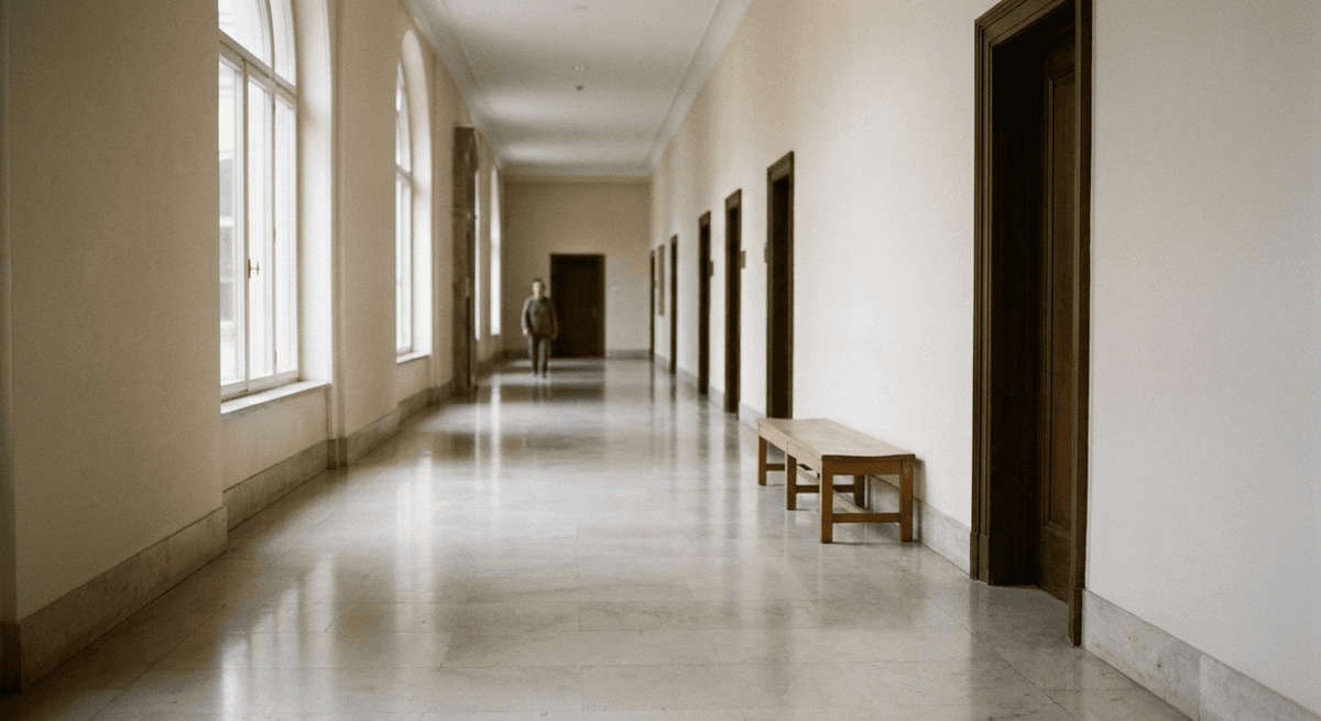Quiet polished marble corridor with tall wooden doors and a plain wooden bench