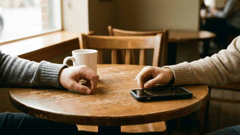 Two pairs of hands on a round wooden cafe table, one beside a coffee cup, the other beside a smartphone