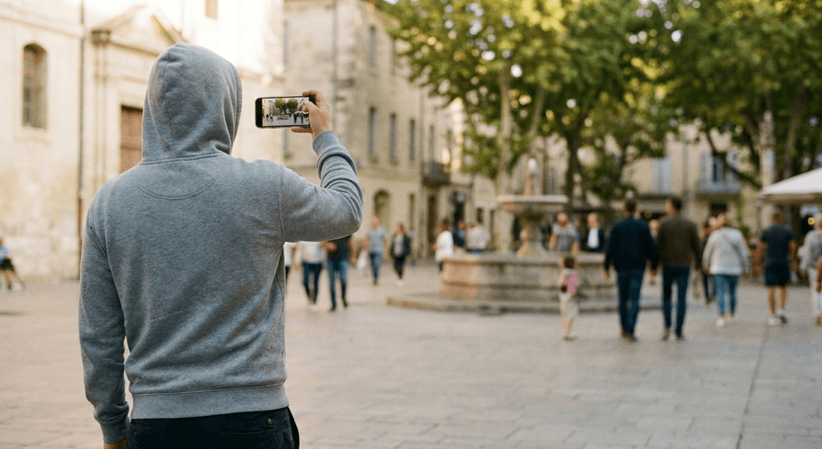 A person seen from behind filming a busy pedestrian square with a phone, fountain and trees ahead