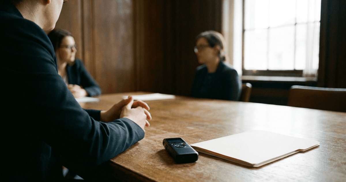 Voice recorder on a wooden meeting table between people seated across from one another, beside a closed blank folder
