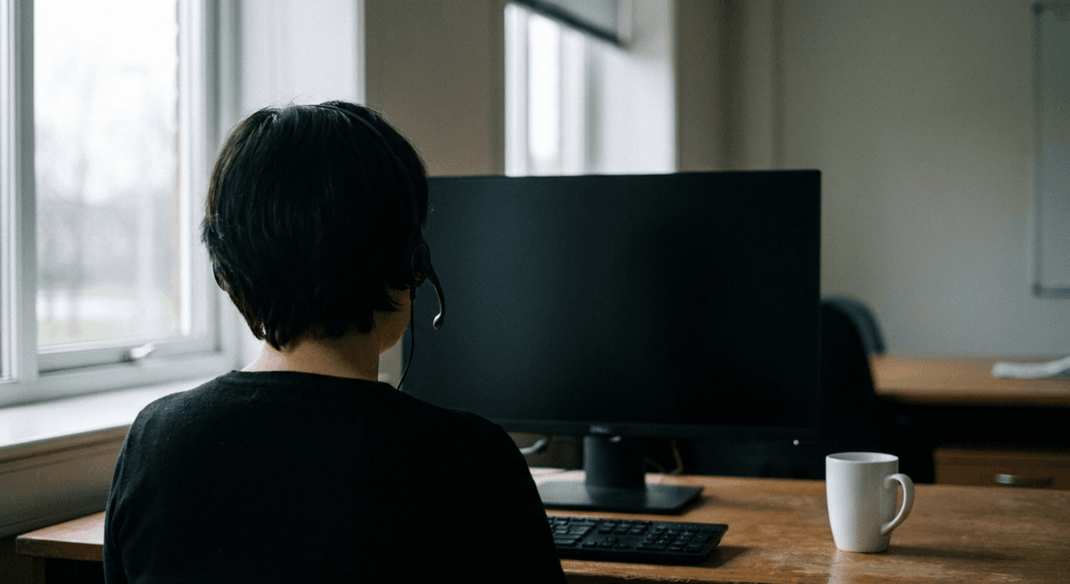 Call-centre operator in a headset seen from behind at a desk, facing a dark monitor
