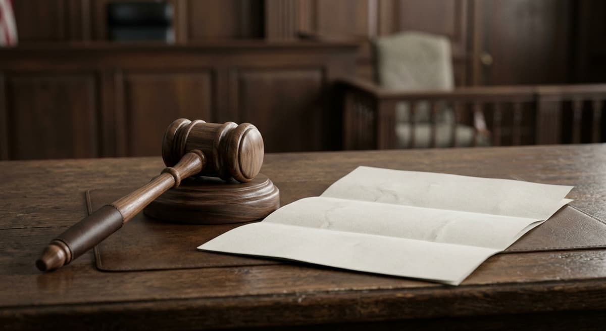 a wooden judge gavel beside a folded document on a desk, no people