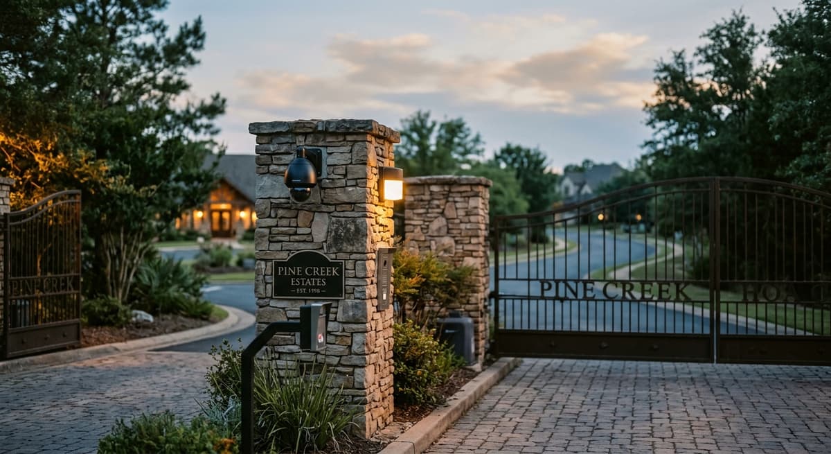 New Jersey hoa community entrance gate with a security camera on the pillar