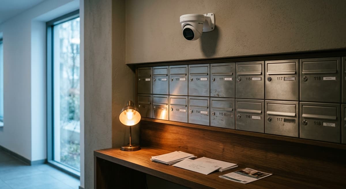 New Jersey mailbox area in an apartment complex with a small camera mounted above