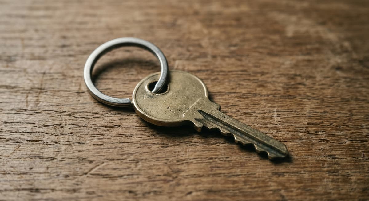a single house key on a plain ring resting on a wooden table