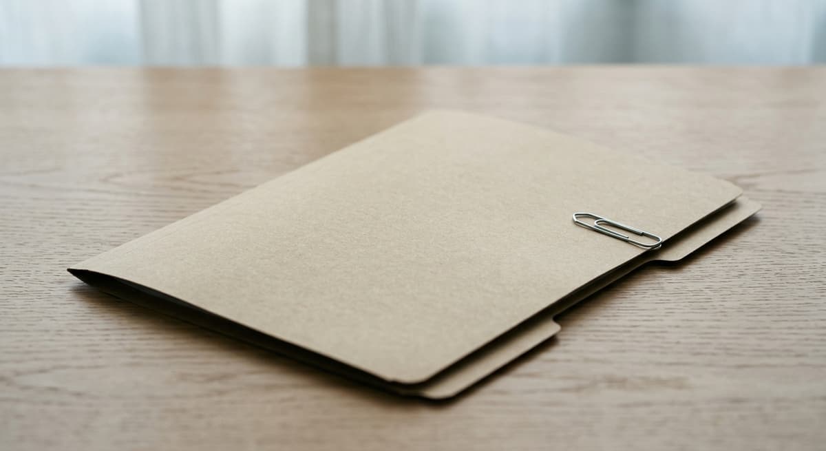 a closed manila case file folder with a single paper clip on a clean desk