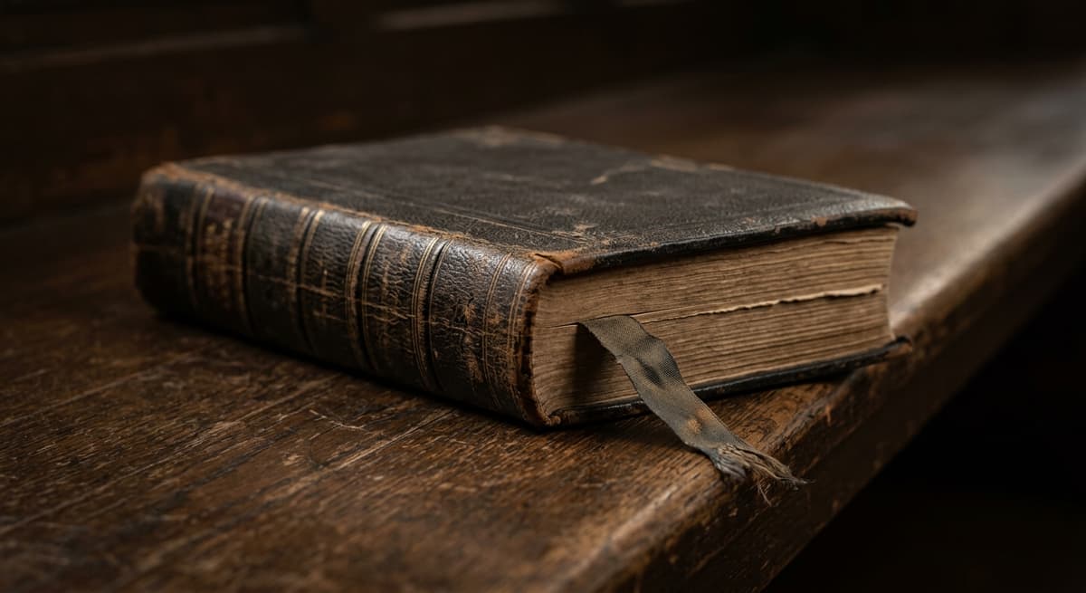a closed law book with a faded ribbon marker resting on a bench