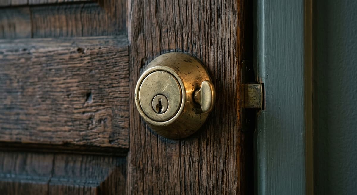 a close view of a brass deadbolt lock on a wooden door