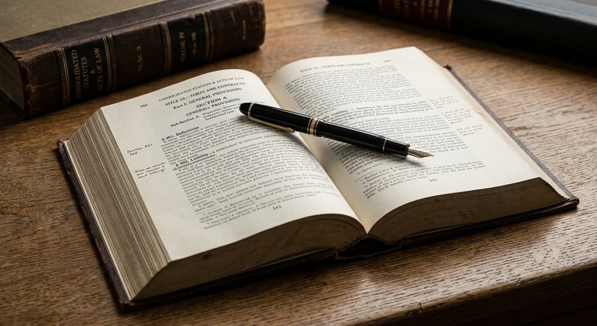 Federal pen resting on an open legal statute book