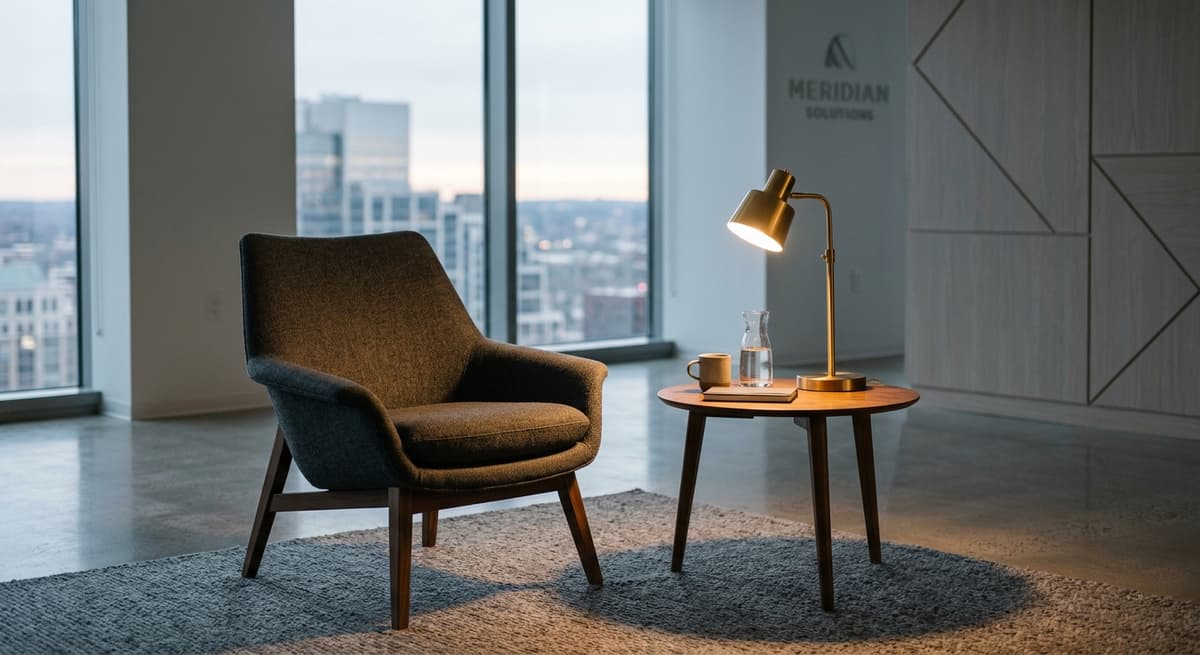 modern office reception area with a single chair and small table