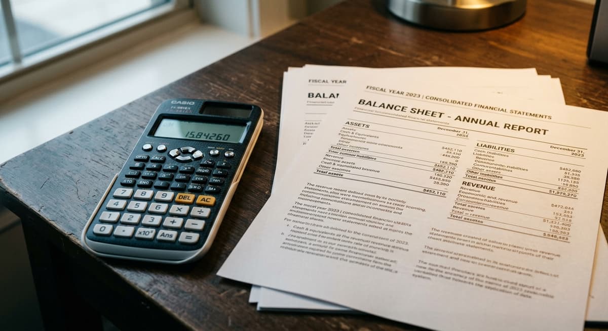 slip and fall: calculator beside printed financial statements on a desk
