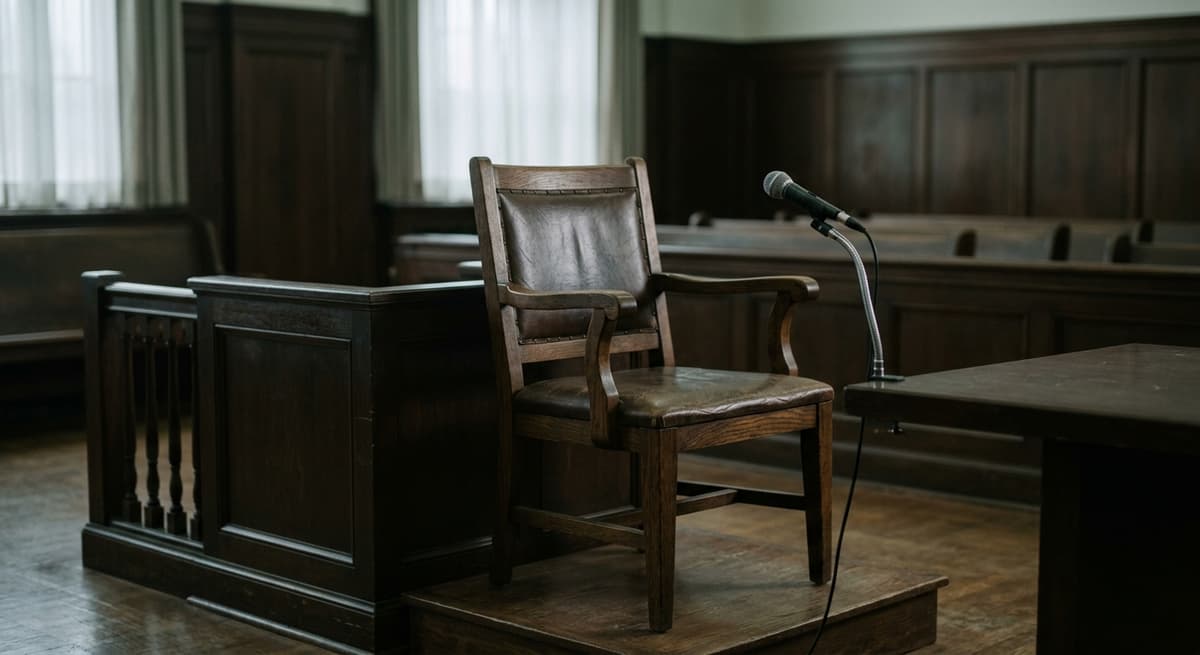 witness chair in a courtroom with a microphone
