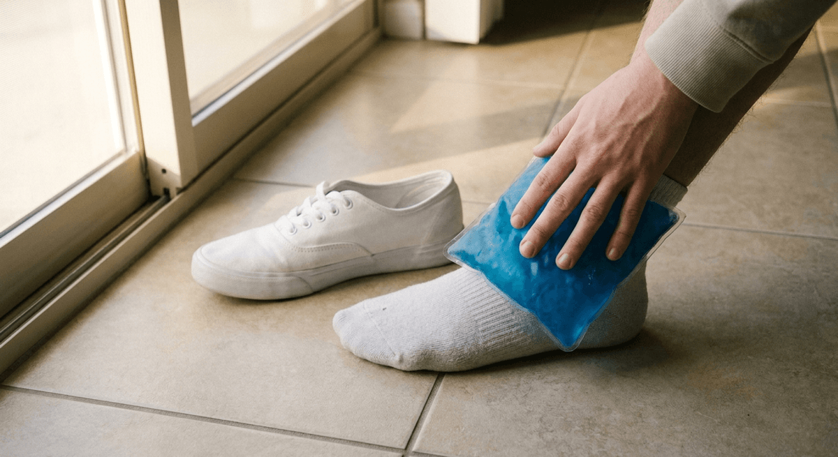 Hand holding a blue gel ice pack against an ankle in a white sock beside a plain white sneaker