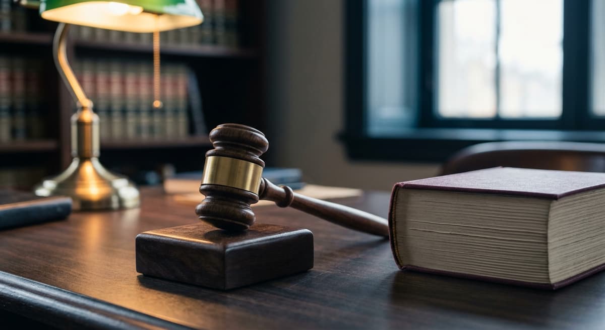 Squatters rights a wooden judge gavel resting on a sound block beside a closed law book
