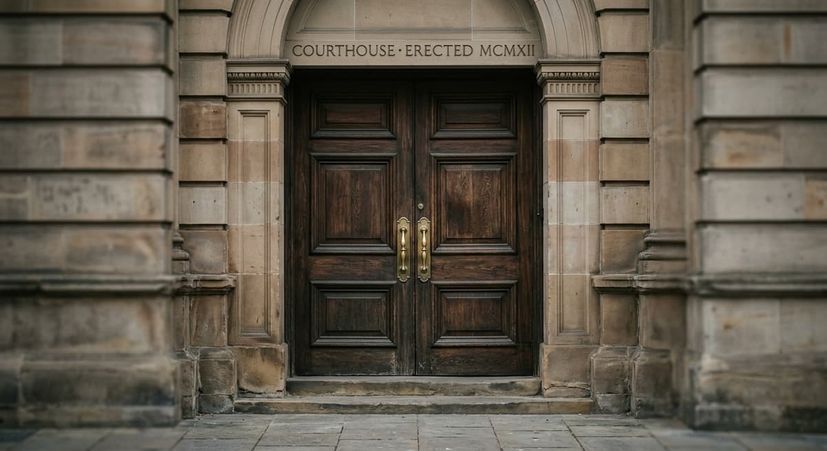California courthouse entrance door with brass handles