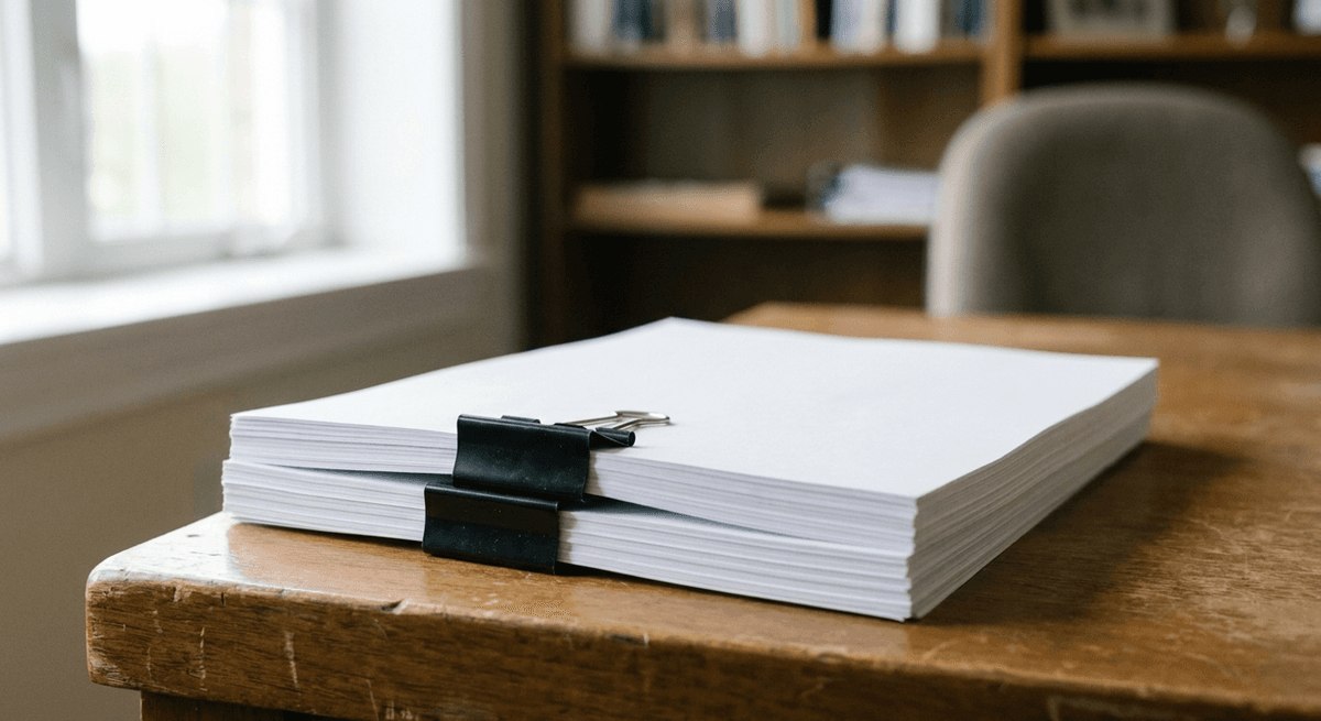 A neat stack of blank white paper held by black binder clips on a wooden desk