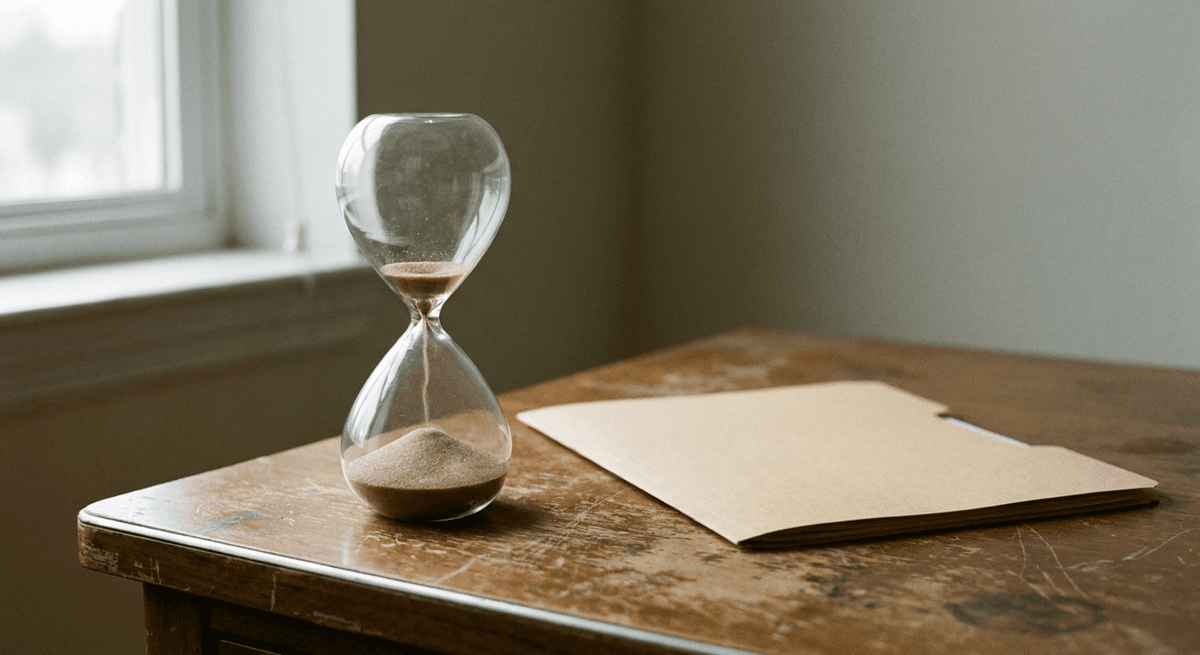 Glass hourglass with most of its sand run down, beside a closed plain folder on a wooden desk