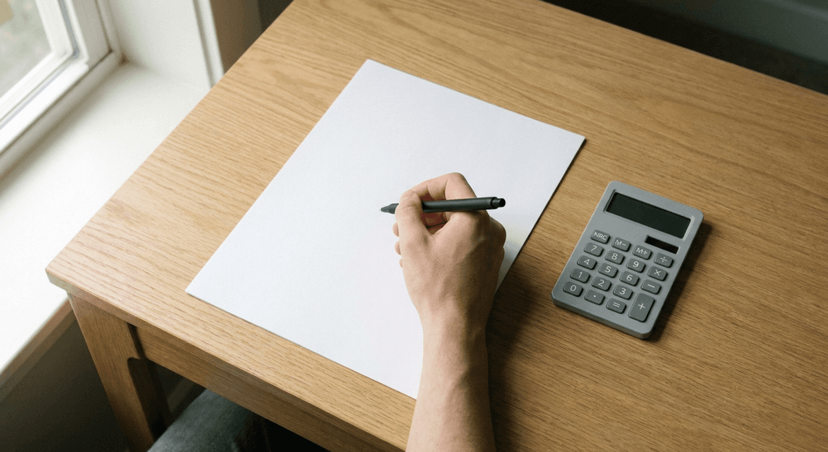 a hand holding a black pen over a blank white sheet beside a plain grey calculator on an oak desk