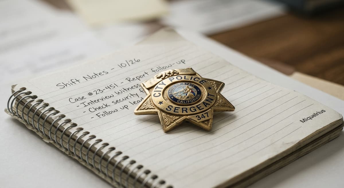 police badge resting on a notebook