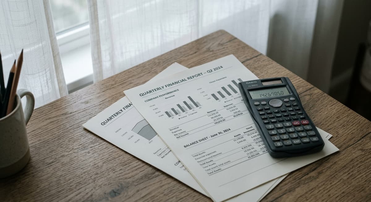 surveillance camera: calculator beside printed financial statements on a desk