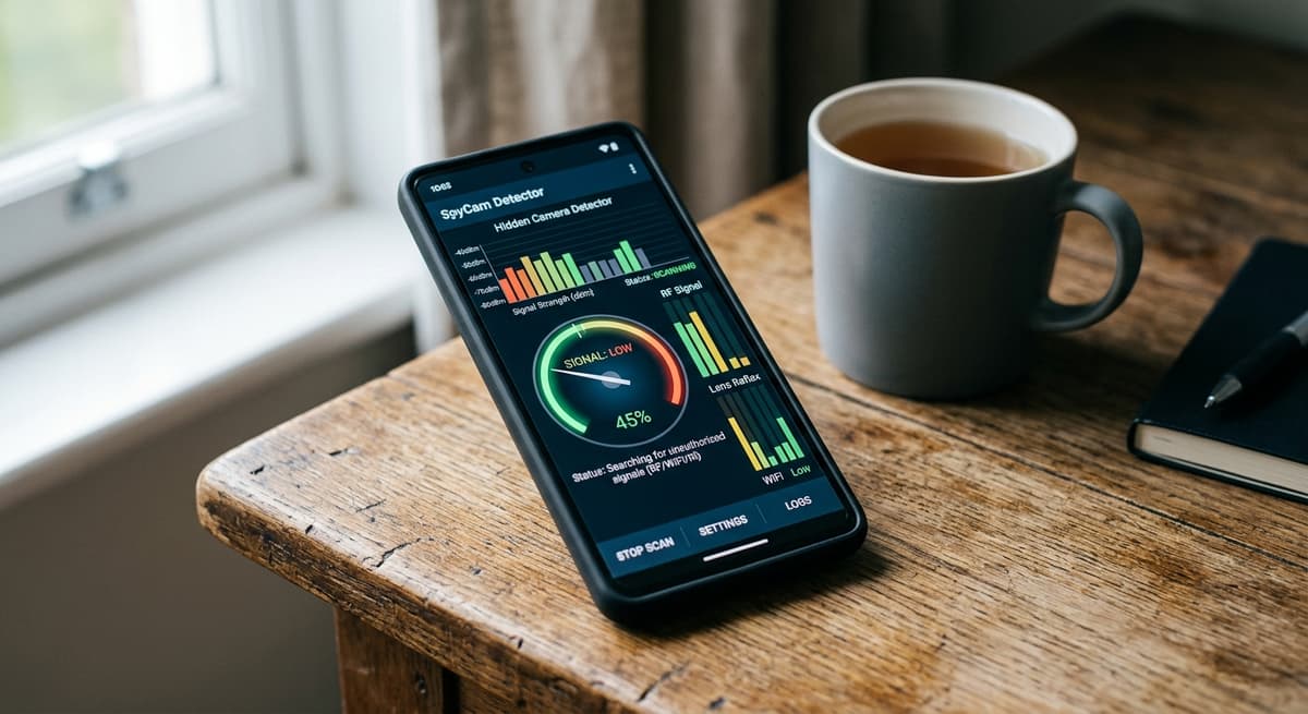 New Hampshire smartphone screen showing a hidden camera detector app interface with signal ind