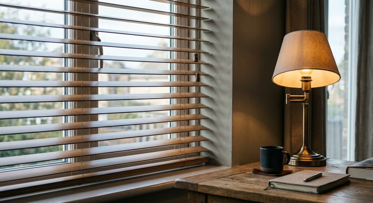 New Hampshire window blinds partially closed with sunlight filtering through the slats
