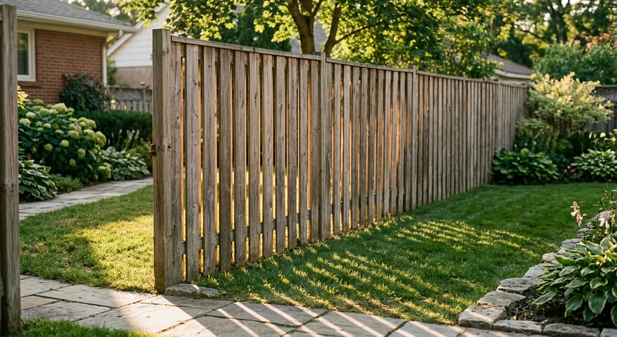 New Hampshire privacy fence between two residential properties, wooden slats with slight gaps