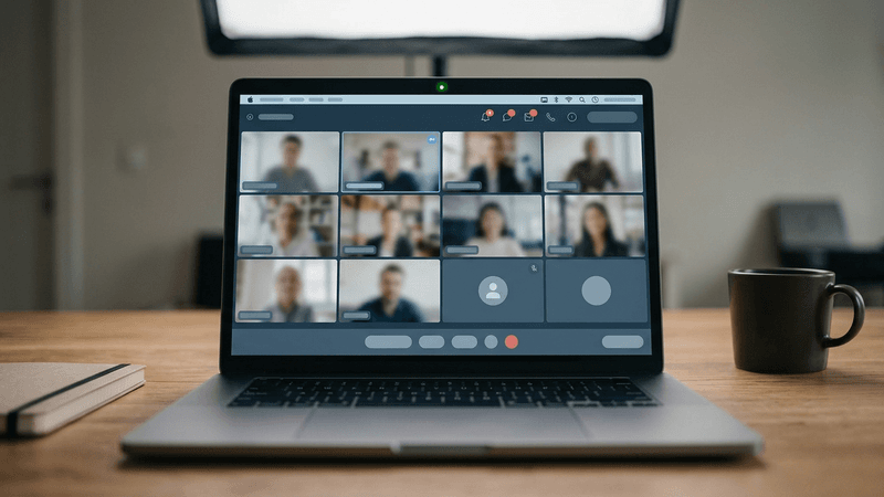 laptop showing video call grid with recording notification: AI call monitoring ECPA 2026