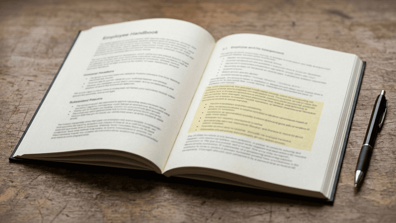 printed employee handbook with highlighted text: NLRA Section 7 workplace recording policy