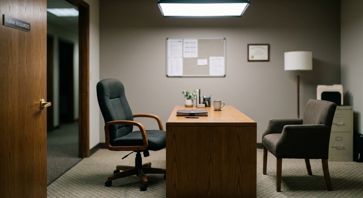 two chairs facing each other in private HR office door ajar: disciplinary meeting recording scenario