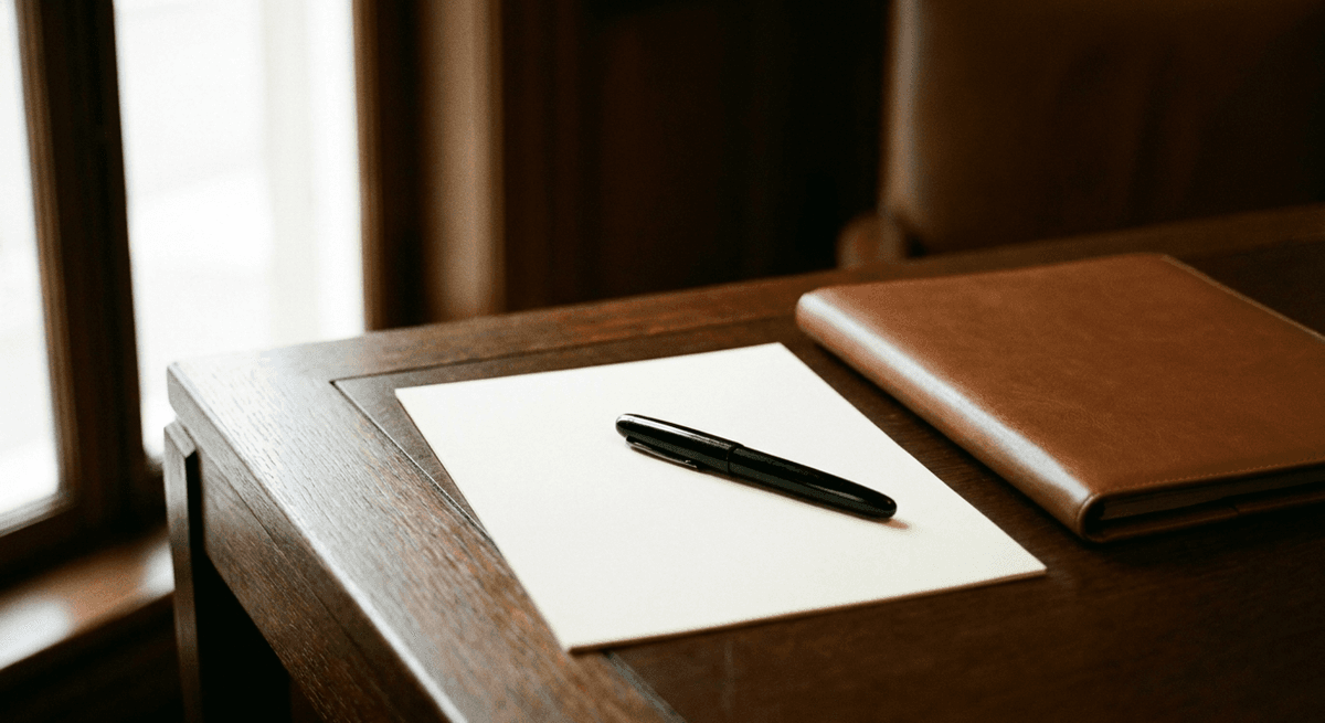 A black fountain pen resting on a blank cream sheet beside a closed leather folder on a dark desk