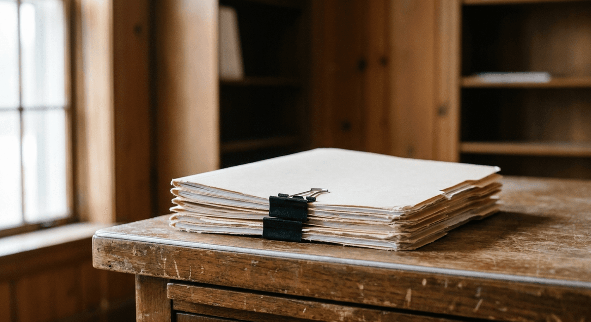 A thick stack of closed manila folders held with black binder clips on a worn wooden desk