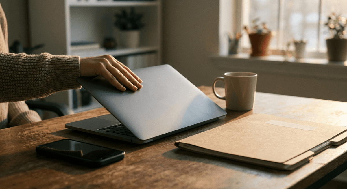 a hand pressing down the lid of a plain grey laptop beside a phone, mug and closed folder on a desk