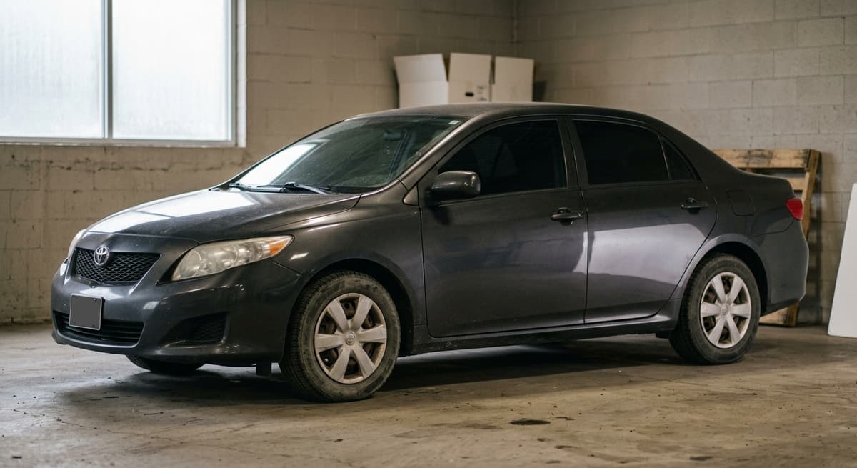 a parked car with darkly tinted side windows, no people