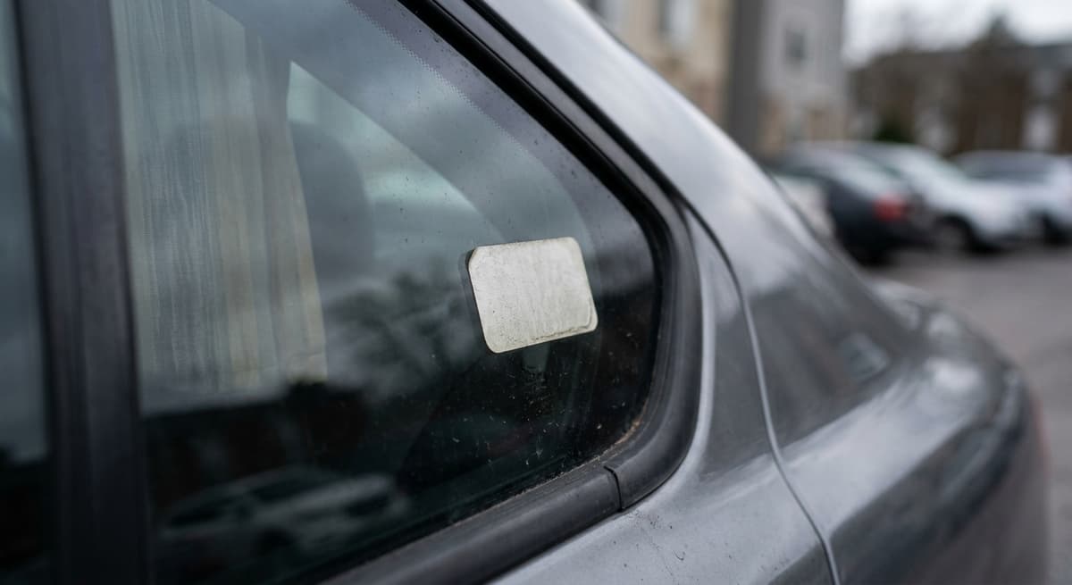 a small adhesive compliance sticker on the corner of a car window, no people