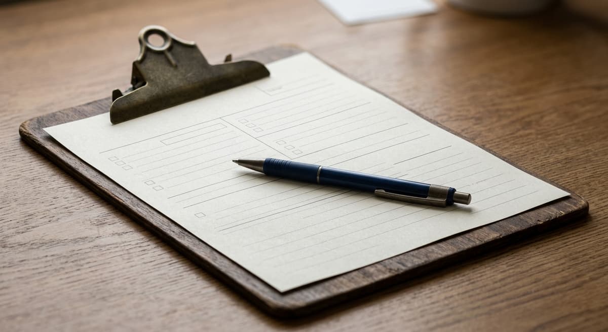 un formulario en blanco de reclamo de compensación para trabajadores sobre una tablilla con sujetapapeles y un bolígrafo