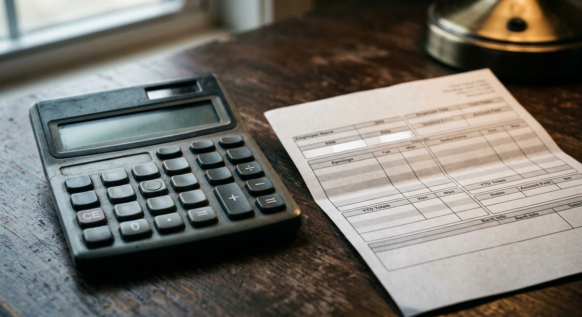 a calculator and a printed pay stub on a desk