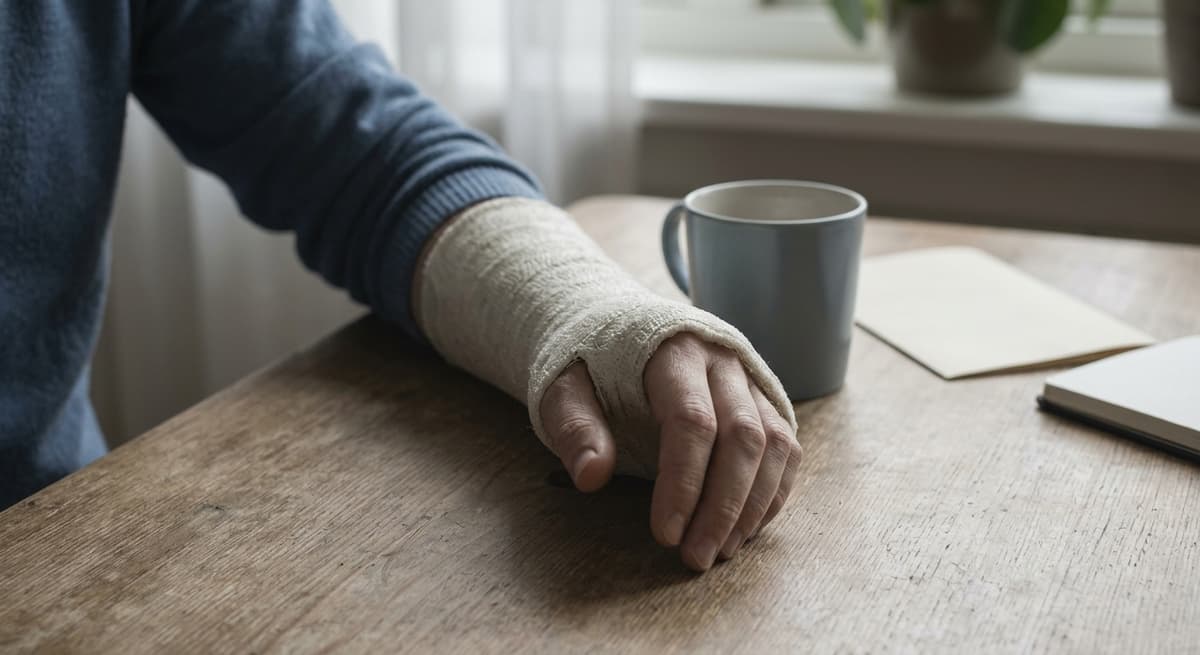 a wrist in a cast resting on a table, no faces