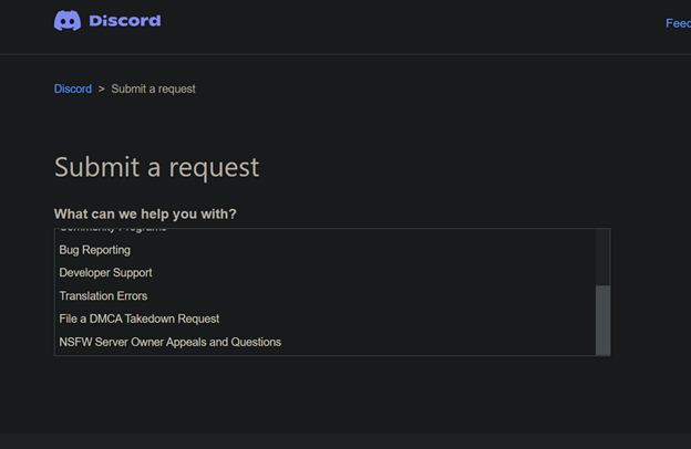 Discord support portal showing the File a DMCA Takedown Request option in the dropdown menu